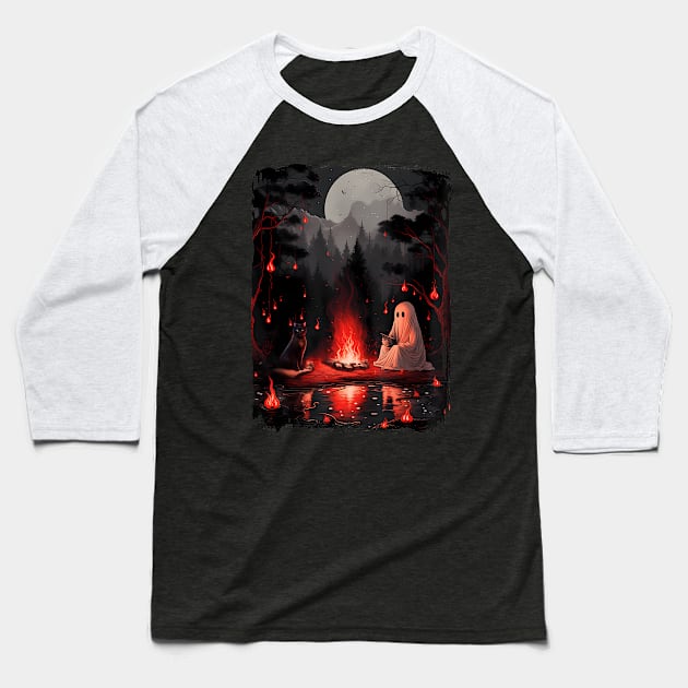 Black Cat And Ghost Sitting On Bench Halloween Dark Gothic Baseball T-Shirt by Sky at night
